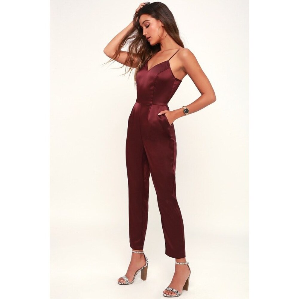 Lulus Touch Of Heaven Burgundy Satin Sleeveless Jumpsuit Red - Size S
